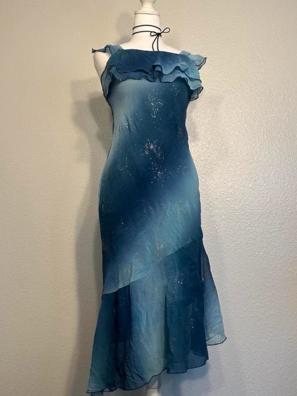 Blue Ombre Ruffle-Trim Maxi Dress